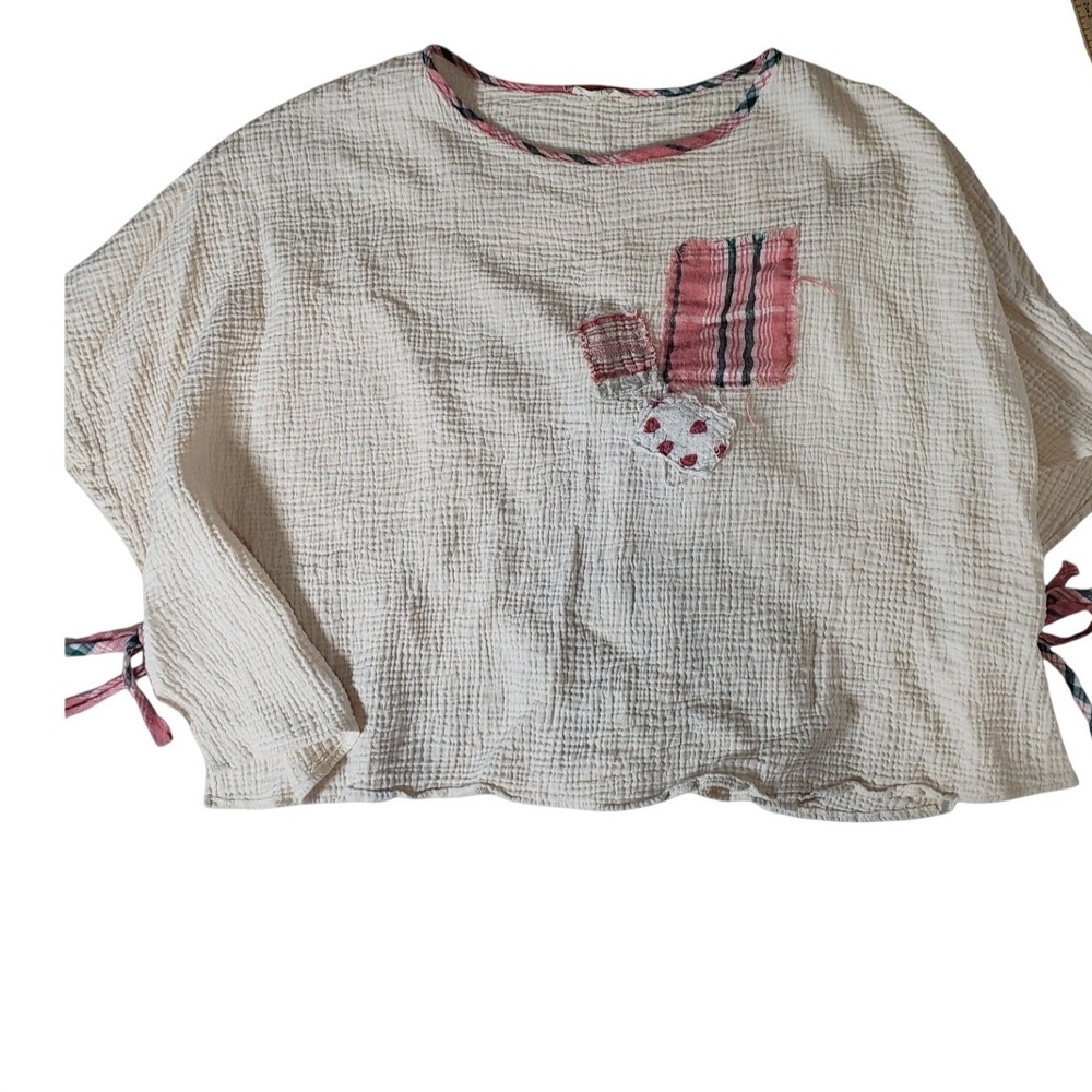 Easel Womens Cream Gauze Cotton Patchwork Side Tie Boho Boxy Top Large